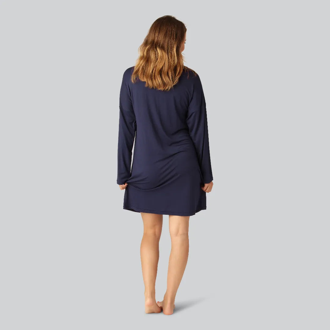 Nachtjapon met lange mouwen van bamboe in marineblauw voor dames