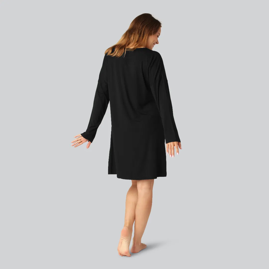 Bamboe nachthemd met lange mouwen in zwart voor dames